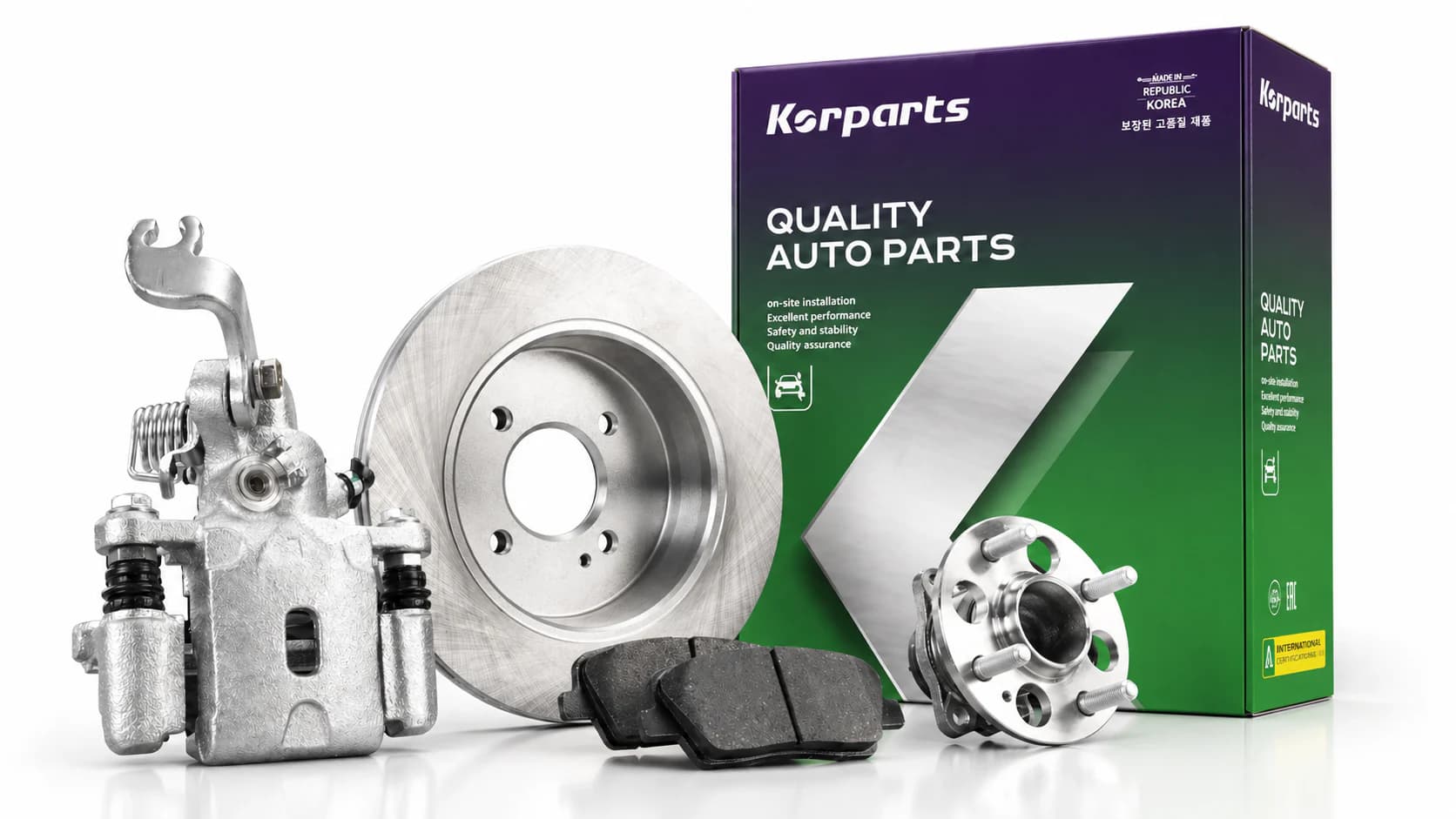 Korparts brake disc, caliper, pads and wheel hub components